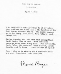 Cy Block Baseball Letter from Reagan
